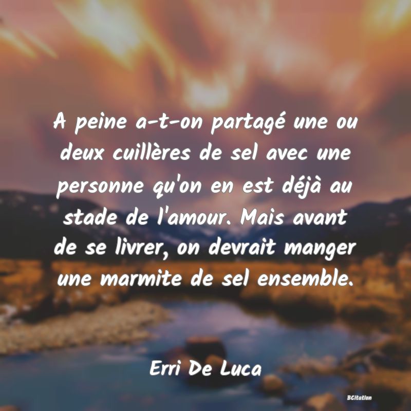 image de citation: A peine a-t-on partagé une ou deux cuillères de sel avec une personne qu'on en est déjà au stade de l'amour. Mais avant de se livrer, on devrait manger une marmite de sel ensemble.