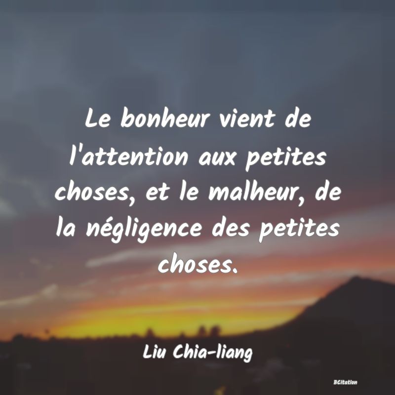 image de citation: Le bonheur vient de l'attention aux petites choses, et le malheur, de la négligence des petites choses.