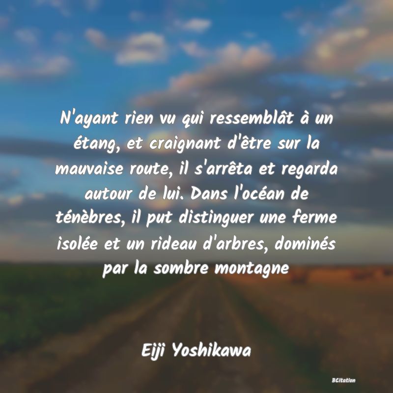 image de citation: N'ayant rien vu qui ressemblât à un étang, et craignant d'être sur la mauvaise route, il s'arrêta et regarda autour de lui. Dans l'océan de ténèbres, il put distinguer une ferme isolée et un rideau d'arbres, dominés par la sombre montagne