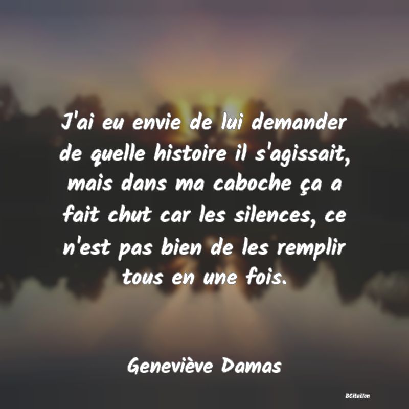 image de citation: J'ai eu envie de lui demander de quelle histoire il s'agissait, mais dans ma caboche ça a fait chut car les silences, ce n'est pas bien de les remplir tous en une fois.