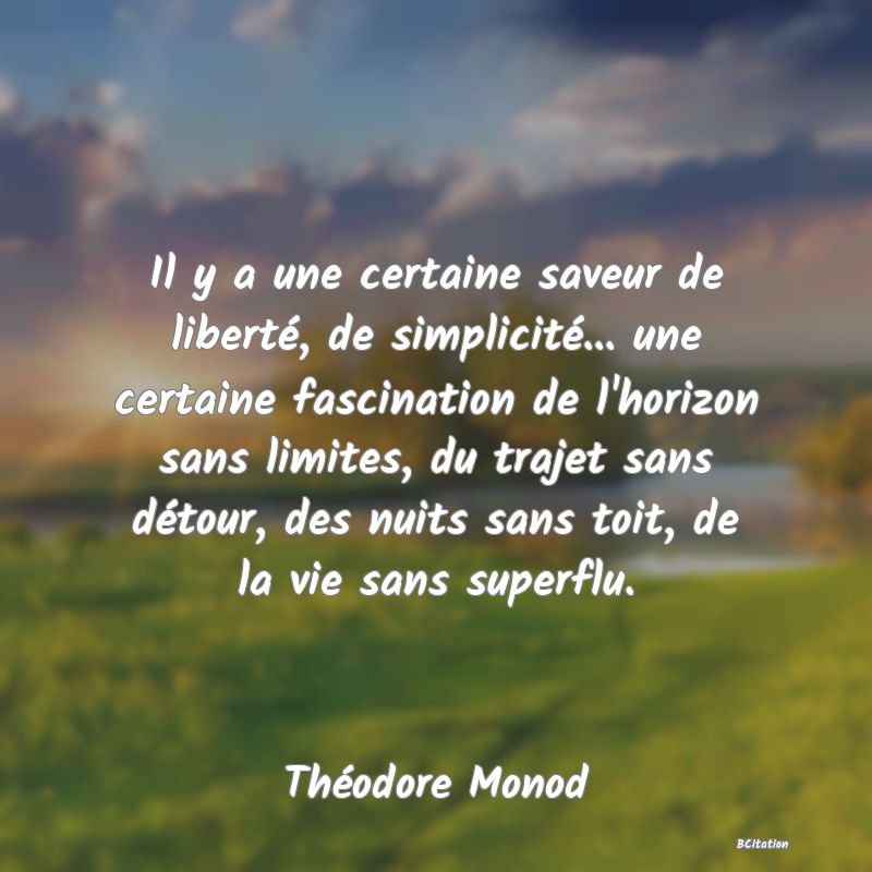 image de citation: Il y a une certaine saveur de liberté, de simplicité... une certaine fascination de l'horizon sans limites, du trajet sans détour, des nuits sans toit, de la vie sans superflu.