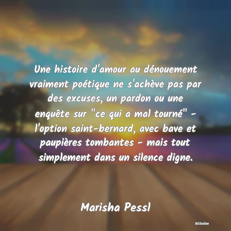 image de citation: Une histoire d'amour au dénouement vraiment poétique ne s'achève pas par des excuses, un pardon ou une enquête sur  ce qui a mal tourné  - l'option saint-bernard, avec bave et paupières tombantes - mais tout simplement dans un silence digne.