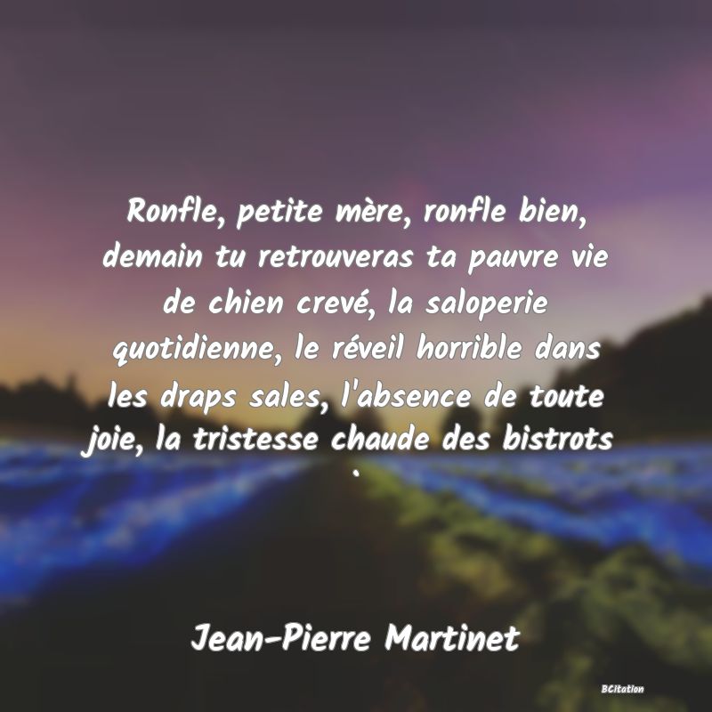 image de citation: Ronfle, petite mère, ronfle bien, demain tu retrouveras ta pauvre vie de chien crevé, la saloperie quotidienne, le réveil horrible dans les draps sales, l'absence de toute joie, la tristesse chaude des bistrots .