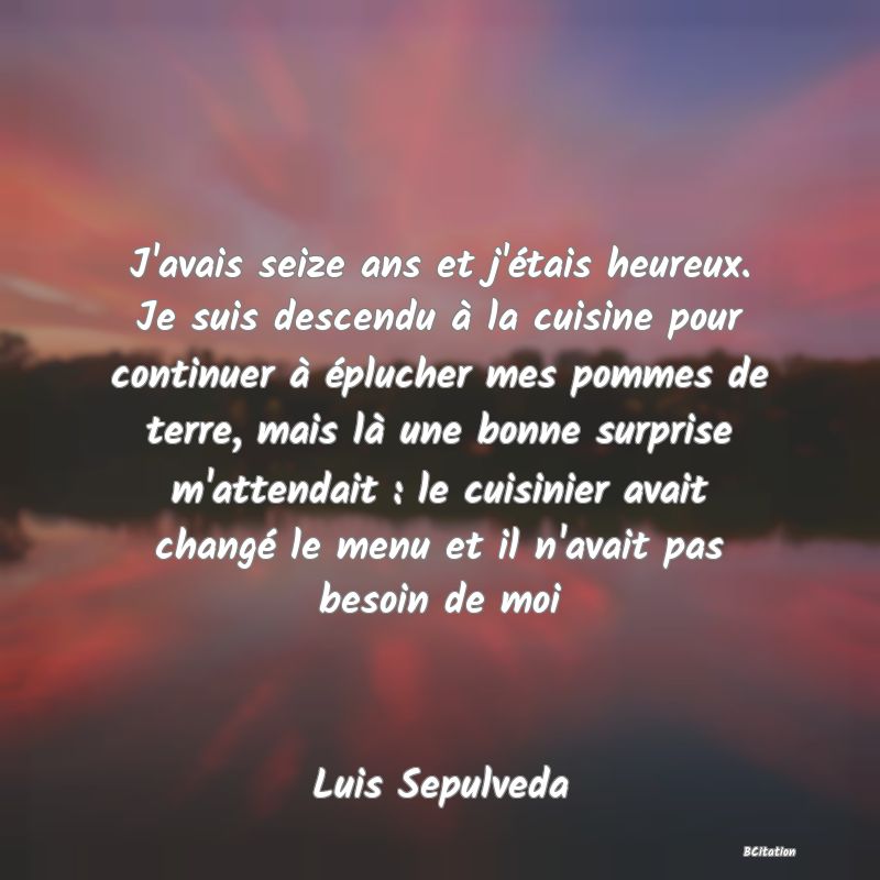 image de citation: J'avais seize ans et j'étais heureux. Je suis descendu à la cuisine pour continuer à éplucher mes pommes de terre, mais là une bonne surprise m'attendait : le cuisinier avait changé le menu et il n'avait pas besoin de moi