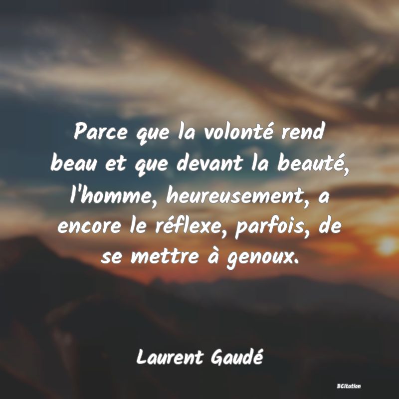 image de citation: Parce que la volonté rend beau et que devant la beauté, l'homme, heureusement, a encore le réflexe, parfois, de se mettre à genoux.