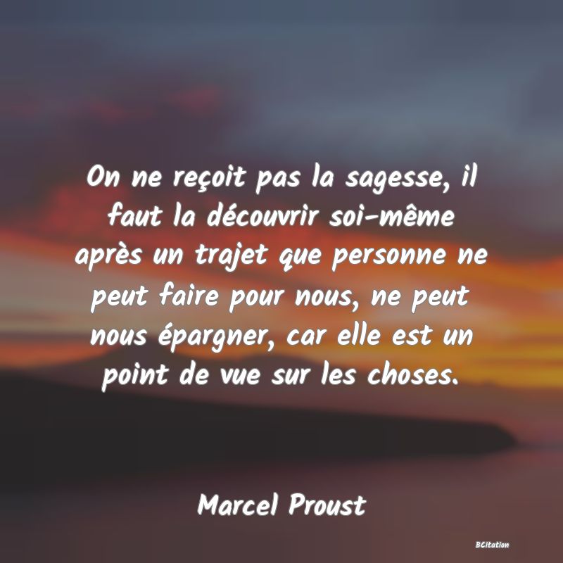 image de citation: On ne reçoit pas la sagesse, il faut la découvrir soi-même après un trajet que personne ne peut faire pour nous, ne peut nous épargner, car elle est un point de vue sur les choses.