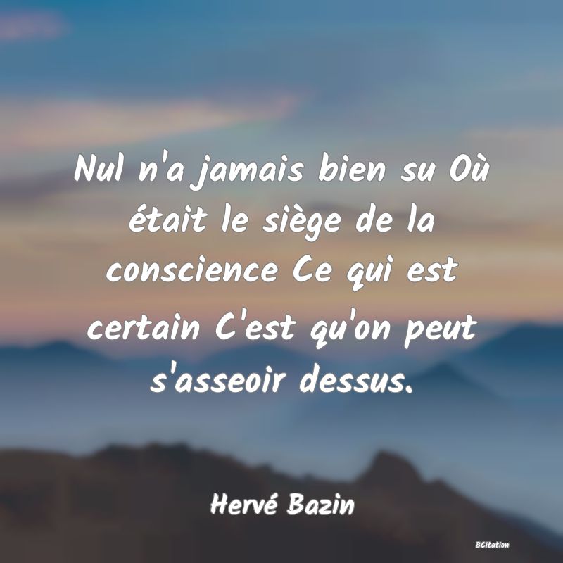 image de citation: Nul n'a jamais bien su Où était le siège de la conscience Ce qui est certain C'est qu'on peut s'asseoir dessus.