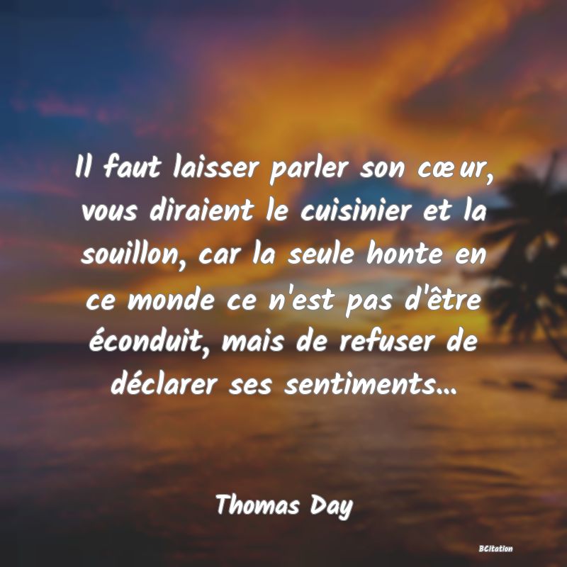 image de citation: Il faut laisser parler son cœur, vous diraient le cuisinier et la souillon, car la seule honte en ce monde ce n'est pas d'être éconduit, mais de refuser de déclarer ses sentiments...