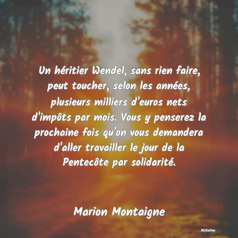 image de citation: Un héritier Wendel, sans rien faire, peut toucher, selon les années, plusieurs milliers d'euros nets d'impôts par mois. Vous y penserez la prochaine fois qu'on vous demandera d'aller travailler le jour de la Pentecôte par solidarité.