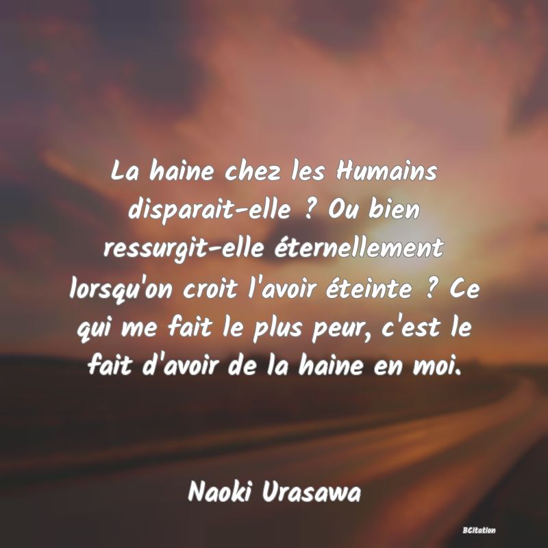 image de citation: La haine chez les Humains disparait-elle ? Ou bien ressurgit-elle éternellement lorsqu'on croit l'avoir éteinte ? Ce qui me fait le plus peur, c'est le fait d'avoir de la haine en moi.