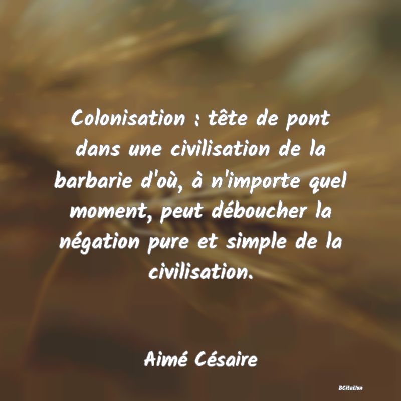 image de citation: Colonisation : tête de pont dans une civilisation de la barbarie d'où, à n'importe quel moment, peut déboucher la négation pure et simple de la civilisation.