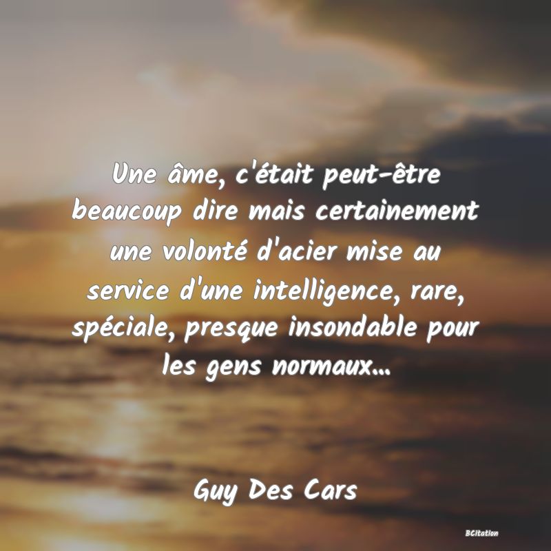 image de citation: Une âme, c'était peut-être beaucoup dire mais certainement une volonté d'acier mise au service d'une intelligence, rare, spéciale, presque insondable pour les gens normaux...