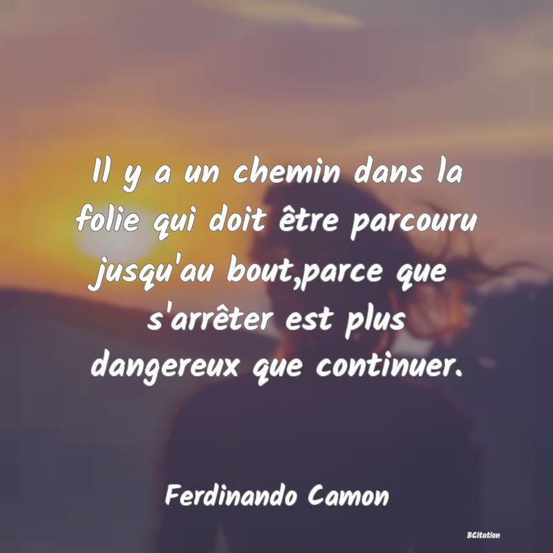 image de citation: Il y a un chemin dans la folie qui doit être parcouru jusqu'au bout,parce que s'arrêter est plus dangereux que continuer.