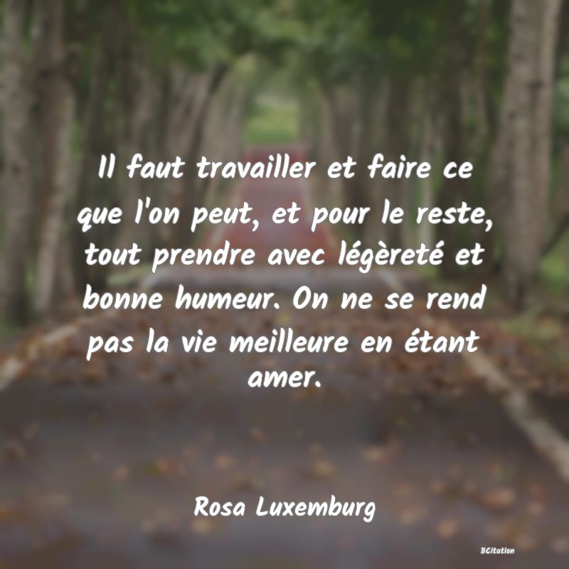 image de citation: Il faut travailler et faire ce que l'on peut, et pour le reste, tout prendre avec légèreté et bonne humeur. On ne se rend pas la vie meilleure en étant amer.