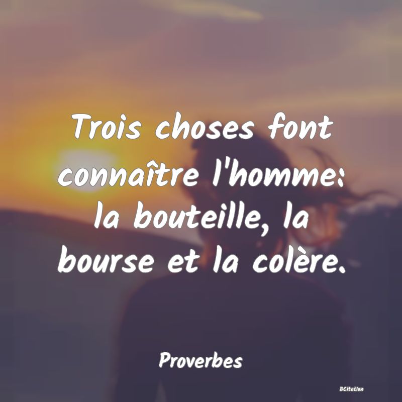 image de citation: Trois choses font connaître l'homme: la bouteille, la bourse et la colère.