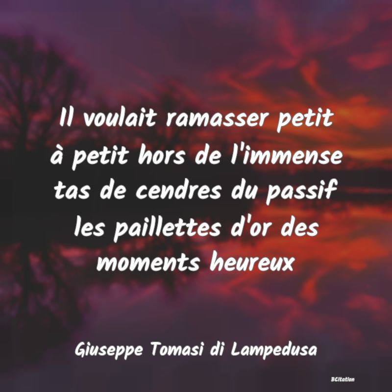 image de citation: Il voulait ramasser petit à petit hors de l'immense tas de cendres du passif les paillettes d'or des moments heureux