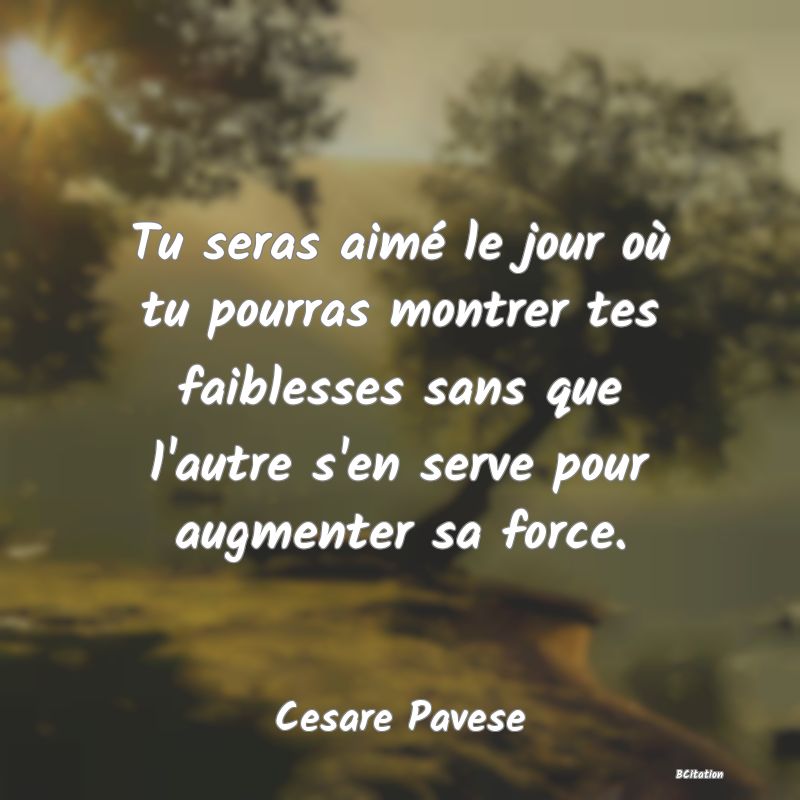Belle Citation - Tu seras aimé le jour où tu pourras montrer tes faiblesses sans que l'autre s'en serve pour augmenter sa force. - Cesare Pavese