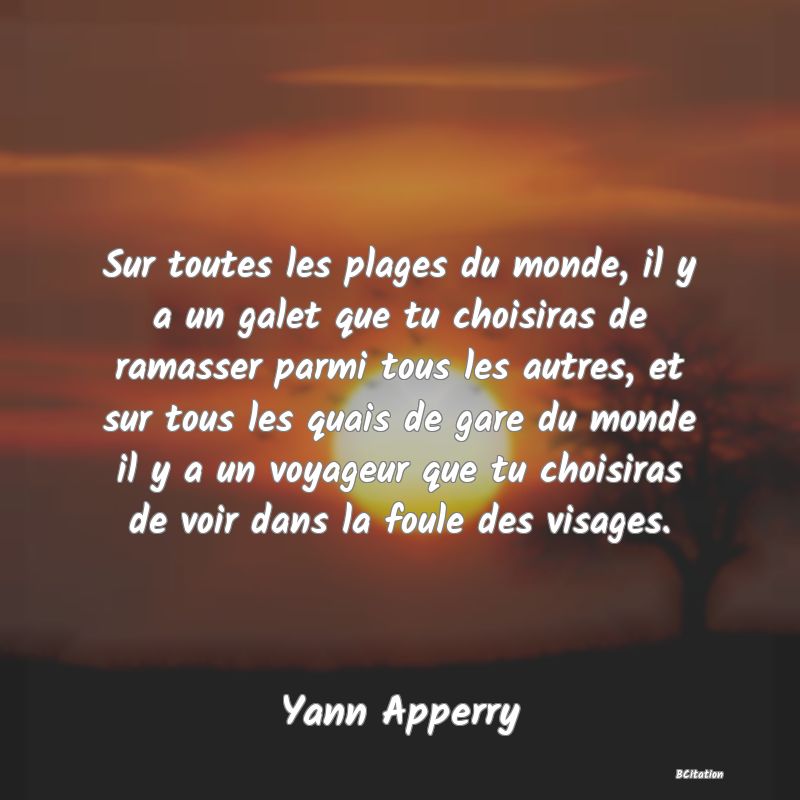 image de citation: Sur toutes les plages du monde, il y a un galet que tu choisiras de ramasser parmi tous les autres, et sur tous les quais de gare du monde il y a un voyageur que tu choisiras de voir dans la foule des visages.