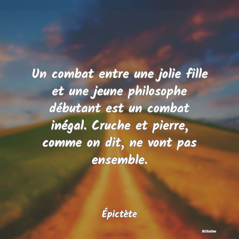 image de citation: Un combat entre une jolie fille et une jeune philosophe débutant est un combat inégal. Cruche et pierre, comme on dit, ne vont pas ensemble.