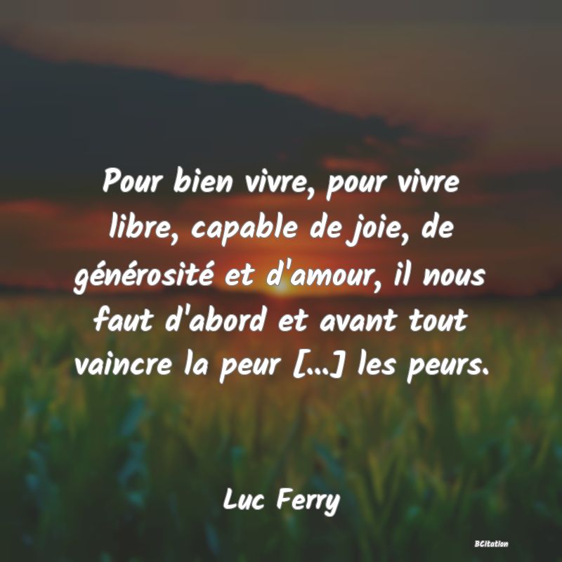 image de citation: Pour bien vivre, pour vivre libre, capable de joie, de générosité et d'amour, il nous faut d'abord et avant tout vaincre la peur [...] les peurs.