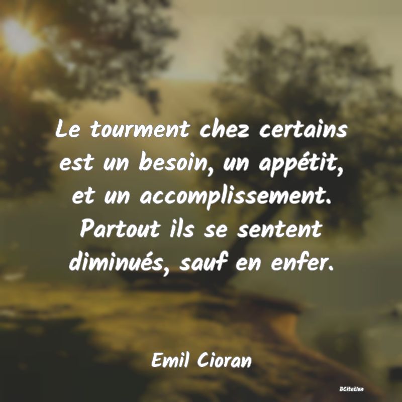 image de citation: Le tourment chez certains est un besoin, un appétit, et un accomplissement. Partout ils se sentent diminués, sauf en enfer.