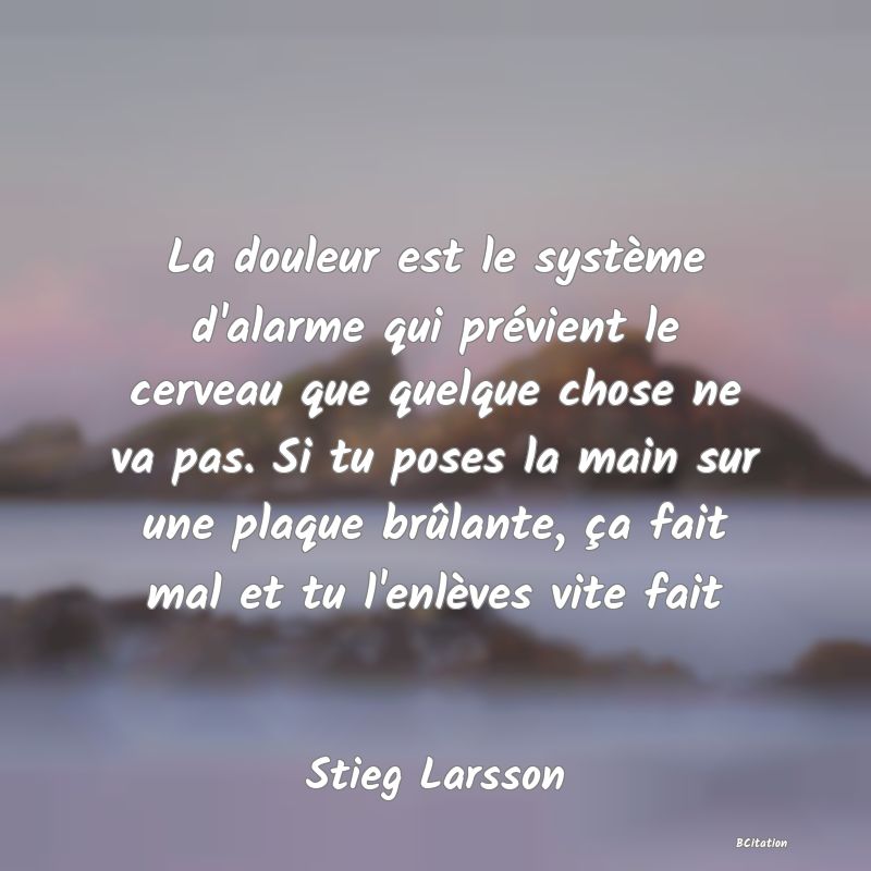 image de citation: La douleur est le système d'alarme qui prévient le cerveau que quelque chose ne va pas. Si tu poses la main sur une plaque brûlante, ça fait mal et tu l'enlèves vite fait