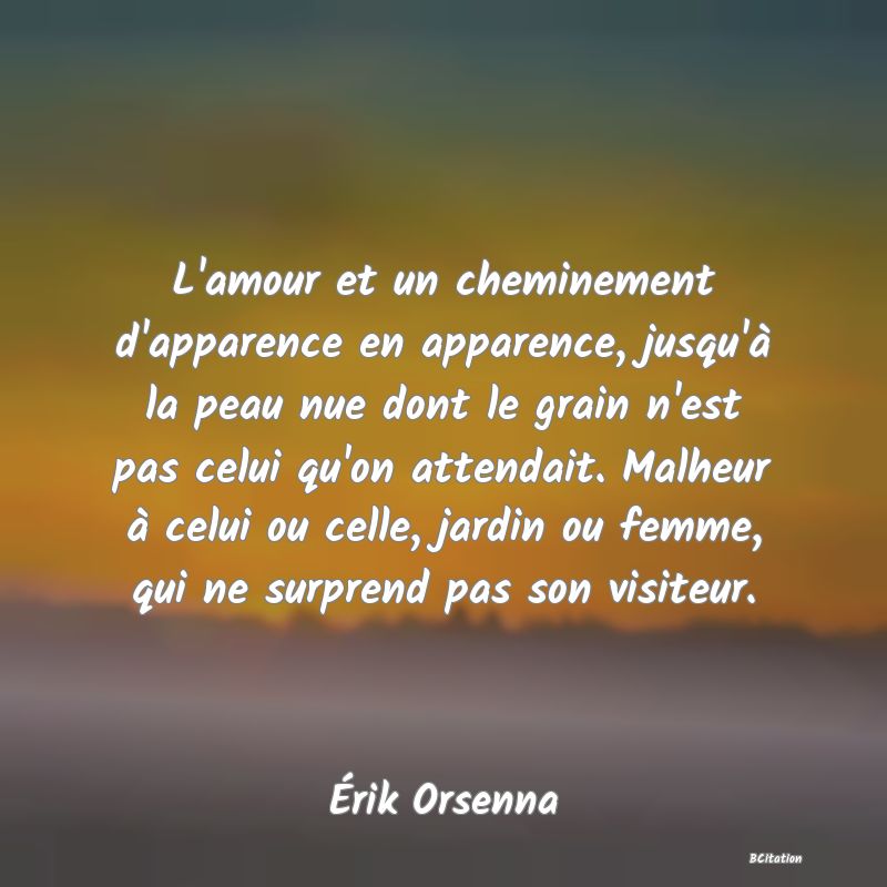 image de citation: L'amour et un cheminement d'apparence en apparence, jusqu'à la peau nue dont le grain n'est pas celui qu'on attendait. Malheur à celui ou celle, jardin ou femme, qui ne surprend pas son visiteur.