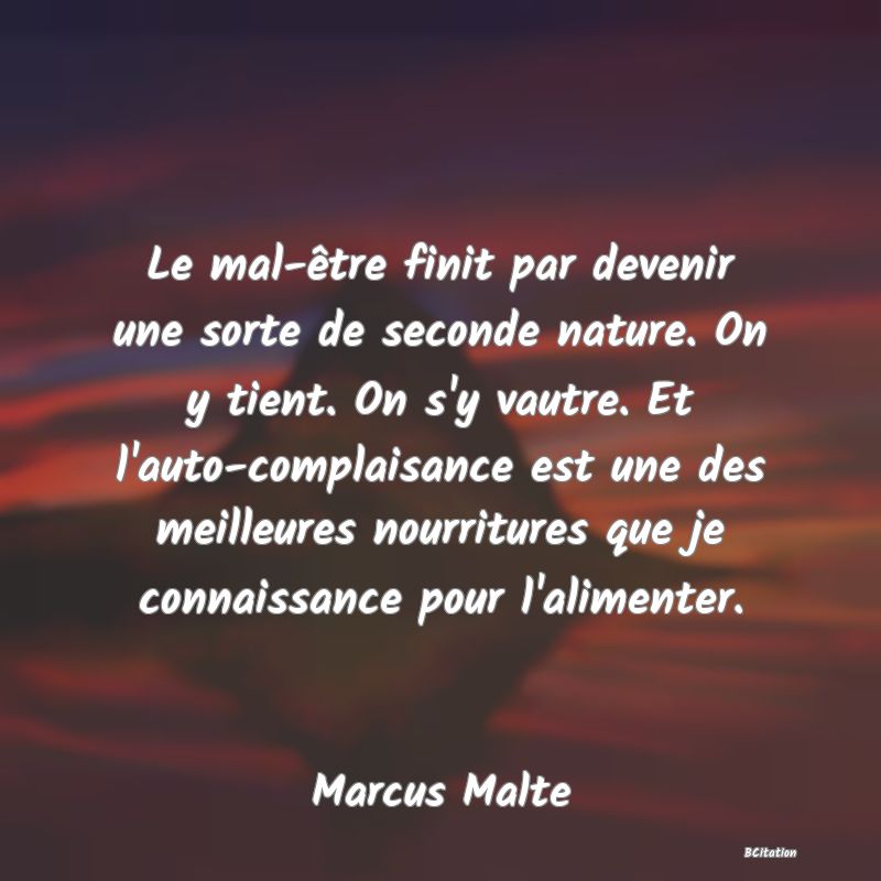 image de citation: Le mal-être finit par devenir une sorte de seconde nature. On y tient. On s'y vautre. Et l'auto-complaisance est une des meilleures nourritures que je connaissance pour l'alimenter.