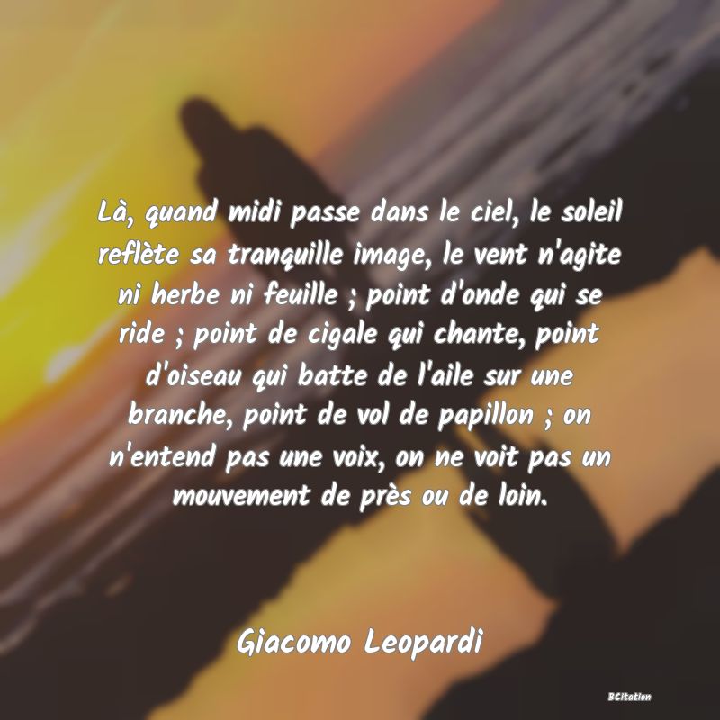 image de citation: Là, quand midi passe dans le ciel, le soleil reflète sa tranquille image, le vent n'agite ni herbe ni feuille ; point d'onde qui se ride ; point de cigale qui chante, point d'oiseau qui batte de l'aile sur une branche, point de vol de papillon ; on n'entend pas une voix, on ne voit pas un mouvement de près ou de loin.