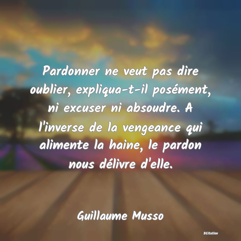 image de citation: Pardonner ne veut pas dire oublier, expliqua-t-il posément, ni excuser ni absoudre. A l'inverse de la vengeance qui alimente la haine, le pardon nous délivre d'elle.