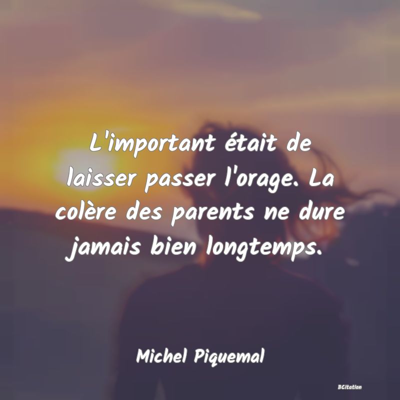 Belle Citation - L'important était de laisser passer l'orage. La colère des parents ne dure jamais bien longtemps. - Michel Piquemal