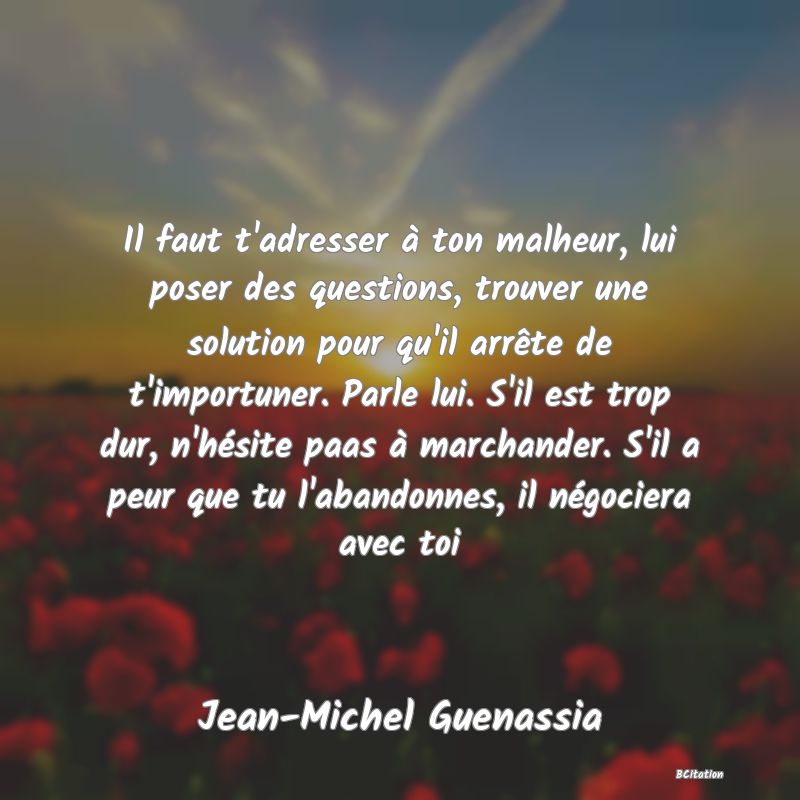 image de citation: Il faut t'adresser à ton malheur, lui poser des questions, trouver une solution pour qu'il arrête de t'importuner. Parle lui. S'il est trop dur, n'hésite paas à marchander. S'il a peur que tu l'abandonnes, il négociera avec toi