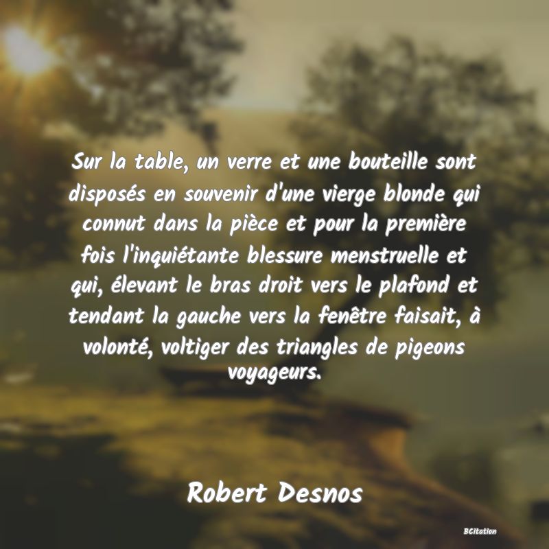 image de citation: Sur la table, un verre et une bouteille sont disposés en souvenir d'une vierge blonde qui connut dans la pièce et pour la première fois l'inquiétante blessure menstruelle et qui, élevant le bras droit vers le plafond et tendant la gauche vers la fenêtre faisait, à volonté, voltiger des triangles de pigeons voyageurs.