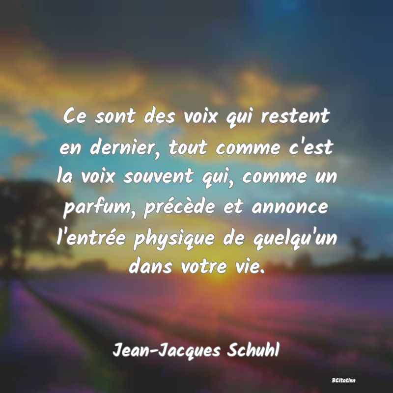 image de citation: Ce sont des voix qui restent en dernier, tout comme c'est la voix souvent qui, comme un parfum, précède et annonce l'entrée physique de quelqu'un dans votre vie.