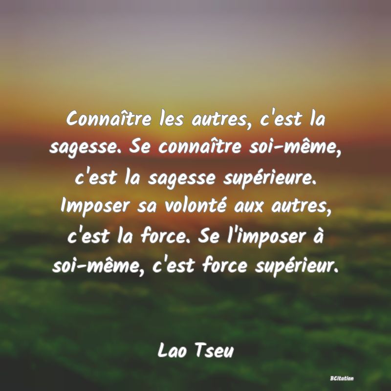 image de citation: Connaître les autres, c'est la sagesse. Se connaître soi-même, c'est la sagesse supérieure. Imposer sa volonté aux autres, c'est la force. Se l'imposer à soi-même, c'est force supérieur.