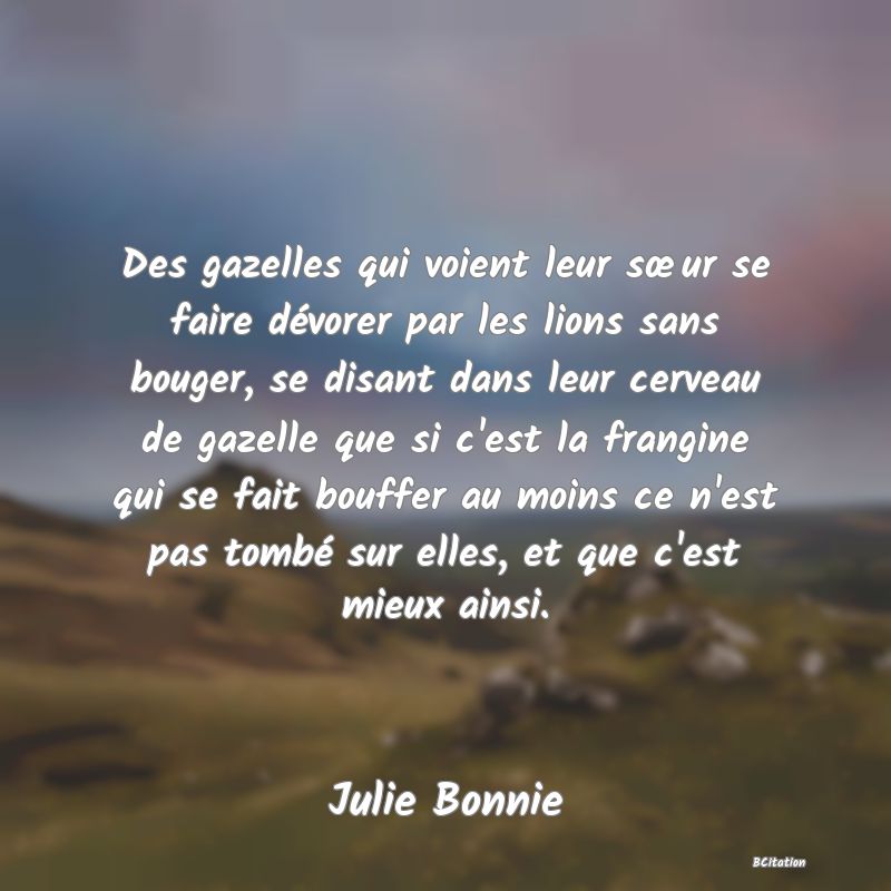 image de citation: Des gazelles qui voient leur sœur se faire dévorer par les lions sans bouger, se disant dans leur cerveau de gazelle que si c'est la frangine qui se fait bouffer au moins ce n'est pas tombé sur elles, et que c'est mieux ainsi.