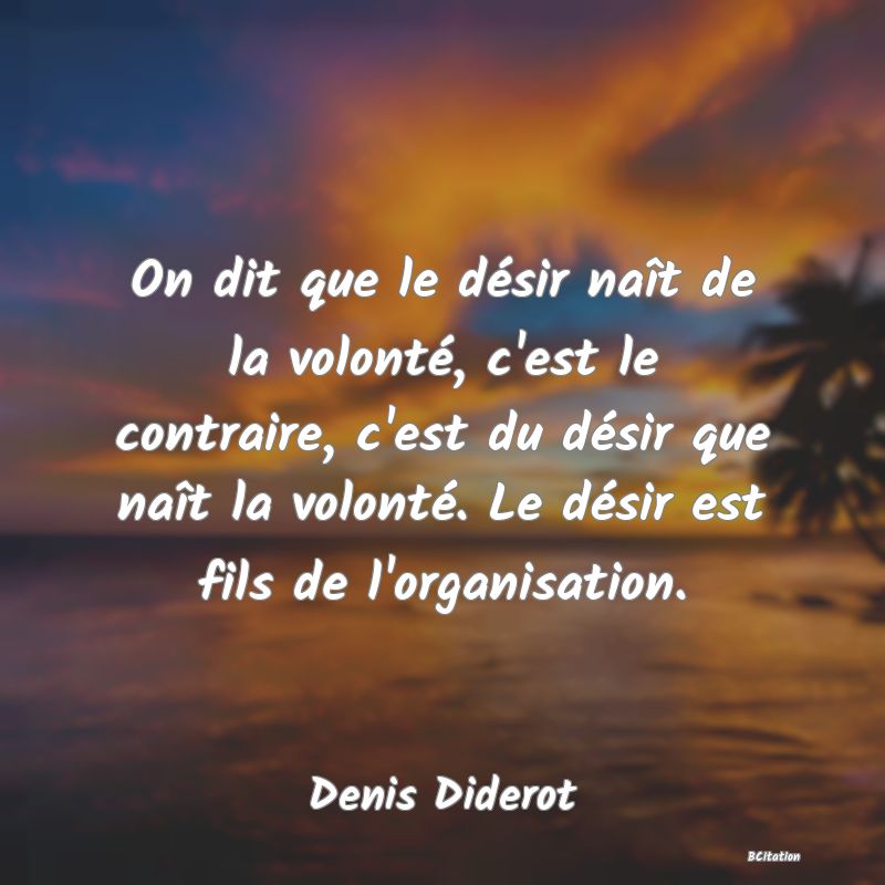 Belle Citation - On dit que le désir naît de la volonté, c'est le contraire, c'est du désir que naît la volonté. Le désir est fils de l'organisation. - Denis Diderot