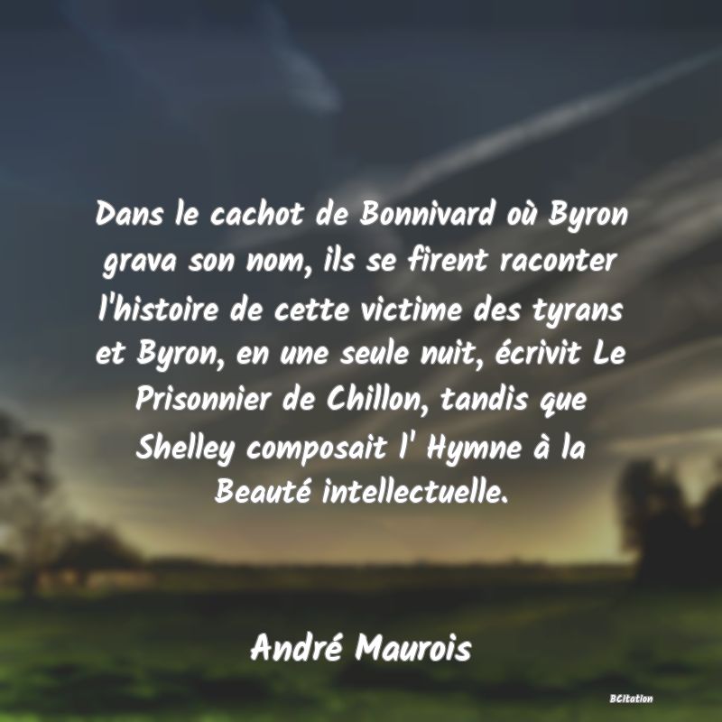 image de citation: Dans le cachot de Bonnivard où Byron grava son nom, ils se firent raconter l'histoire de cette victime des tyrans et Byron, en une seule nuit, écrivit Le Prisonnier de Chillon, tandis que Shelley composait l' Hymne à la Beauté intellectuelle.