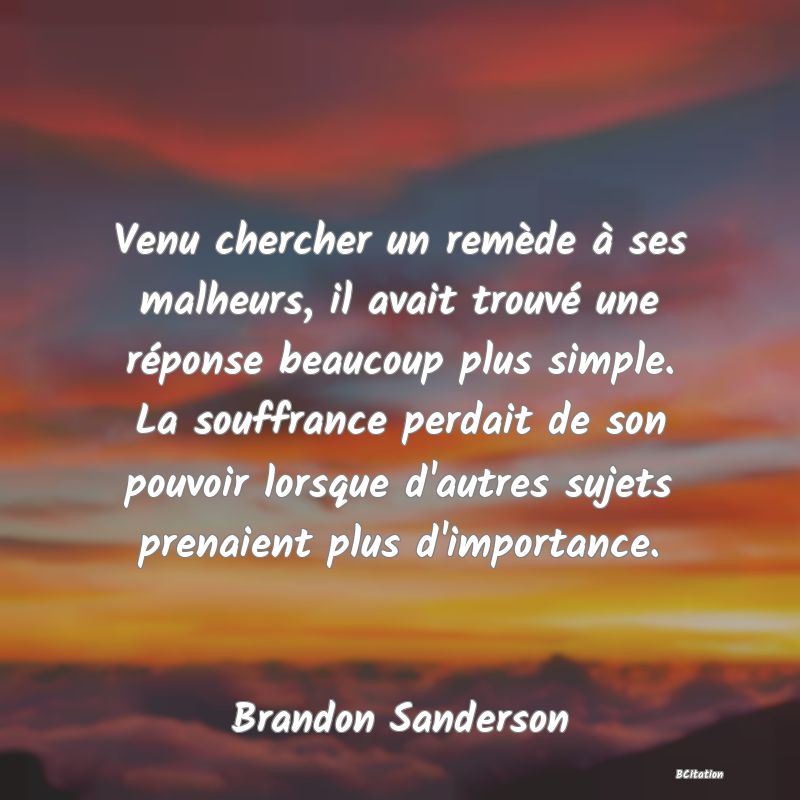 image de citation: Venu chercher un remède à ses malheurs, il avait trouvé une réponse beaucoup plus simple. La souffrance perdait de son pouvoir lorsque d'autres sujets prenaient plus d'importance.