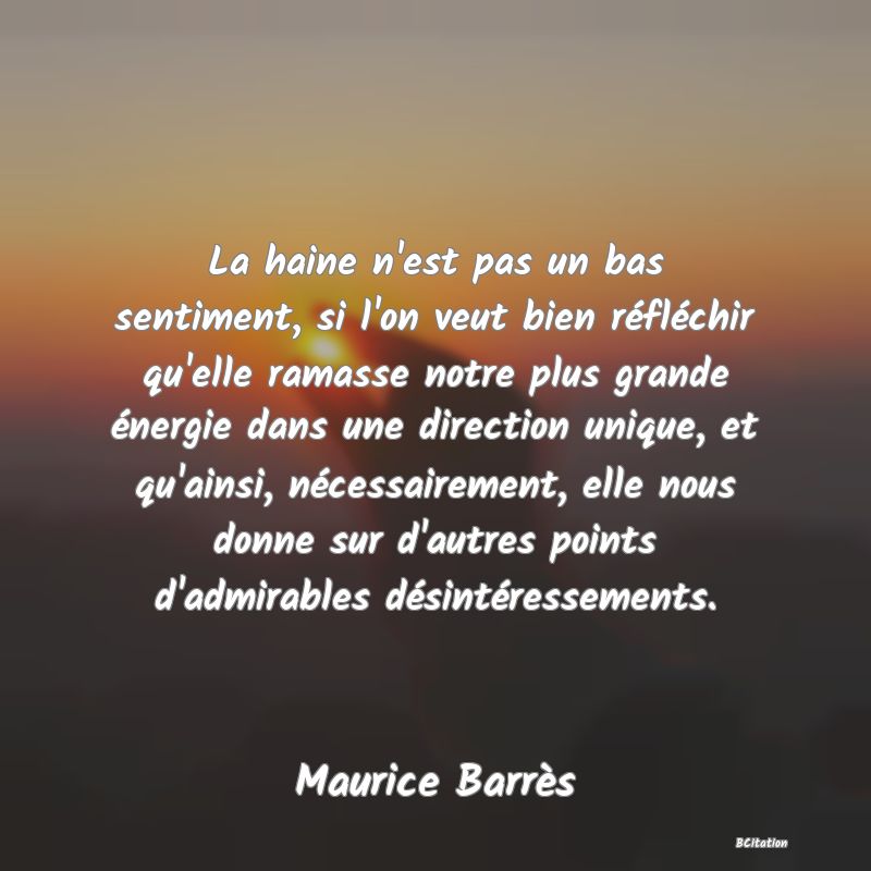 image de citation: La haine n'est pas un bas sentiment, si l'on veut bien réfléchir qu'elle ramasse notre plus grande énergie dans une direction unique, et qu'ainsi, nécessairement, elle nous donne sur d'autres points d'admirables désintéressements.