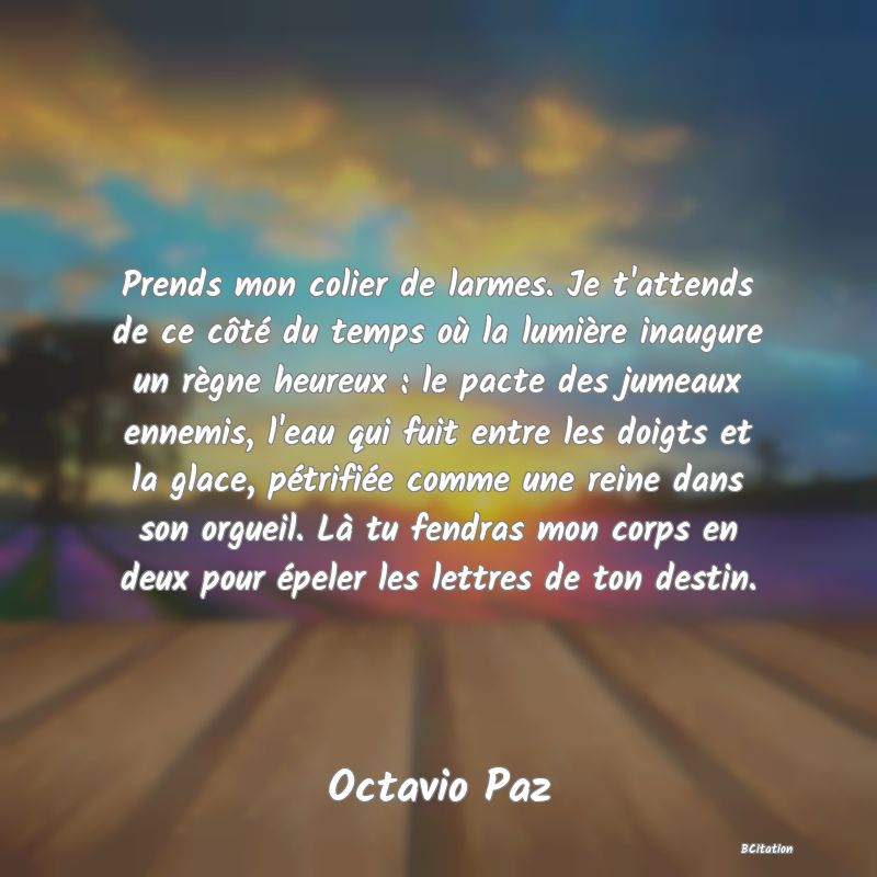 image de citation: Prends mon colier de larmes. Je t'attends de ce côté du temps où la lumière inaugure un règne heureux : le pacte des jumeaux ennemis, l'eau qui fuit entre les doigts et la glace, pétrifiée comme une reine dans son orgueil. Là tu fendras mon corps en deux pour épeler les lettres de ton destin.