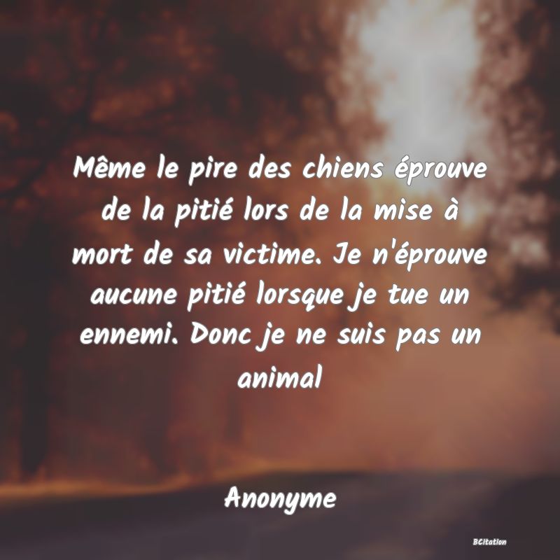 Belle Citation - Même le pire des chiens éprouve de la pitié lors de la mise à mort de sa victime. Je n'éprouve aucune pitié lorsque je tue un ennemi. Donc je ne suis pas un animal - Anonyme