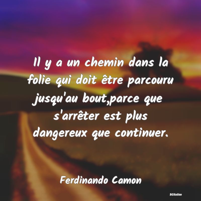 image de citation: Il y a un chemin dans la folie qui doit être parcouru jusqu'au bout,parce que s'arrêter est plus dangereux que continuer.