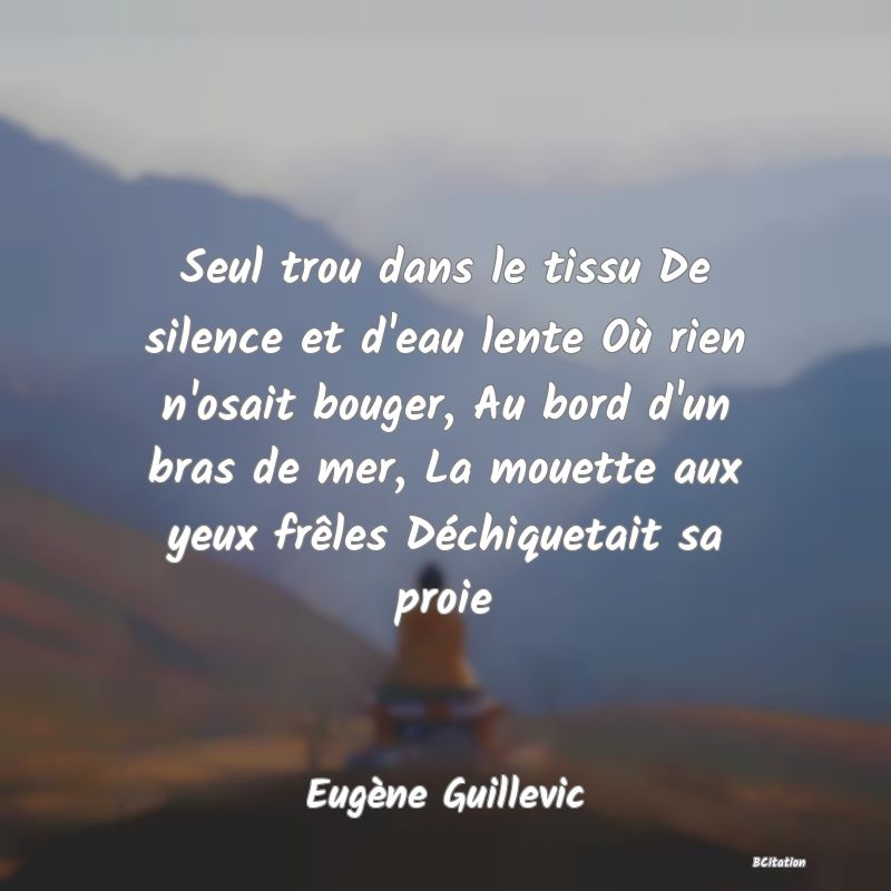 Belle Citation - Seul trou dans le tissu De silence et d'eau lente Où rien n'osait bouger, Au bord d'un bras de mer, La mouette aux yeux frêles Déchiquetait sa proie - Eugène Guillevic