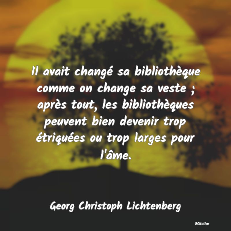 image de citation: Il avait changé sa bibliothèque comme on change sa veste ; après tout, les bibliothèques peuvent bien devenir trop étriquées ou trop larges pour l'âme.