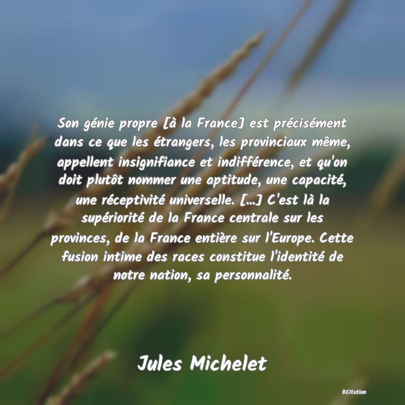 image de citation: Son génie propre [à la France] est précisément dans ce que les étrangers, les provinciaux même, appellent insignifiance et indifférence, et qu'on doit plutôt nommer une aptitude, une capacité, une réceptivité universelle. [...] C'est là la supériorité de la France centrale sur les provinces, de la France entière sur l'Europe. Cette fusion intime des races constitue l'identité de notre nation, sa personnalité.