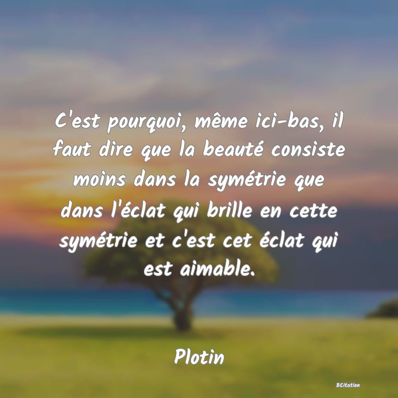 image de citation: C'est pourquoi, même ici-bas, il faut dire que la beauté consiste moins dans la symétrie que dans l'éclat qui brille en cette symétrie et c'est cet éclat qui est aimable.