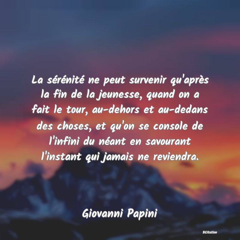 image de citation: La sérénité ne peut survenir qu'après la fin de la jeunesse, quand on a fait le tour, au-dehors et au-dedans des choses, et qu'on se console de l'infini du néant en savourant l'instant qui jamais ne reviendra.