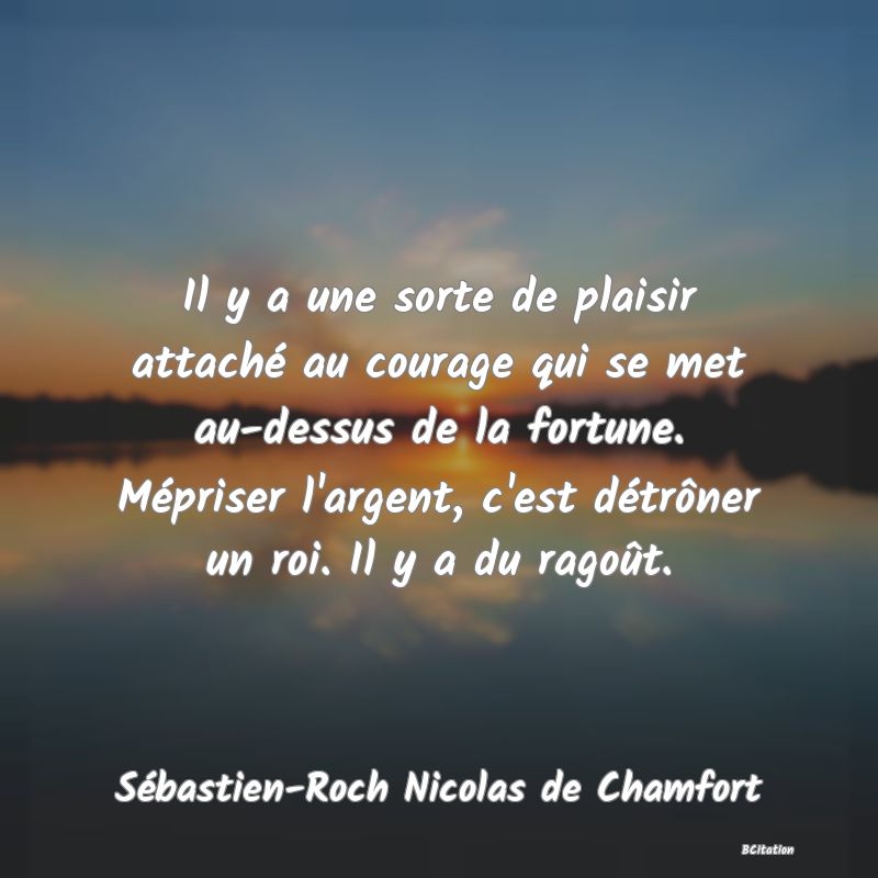 image de citation: Il y a une sorte de plaisir attaché au courage qui se met au-dessus de la fortune. Mépriser l'argent, c'est détrôner un roi. Il y a du ragoût.