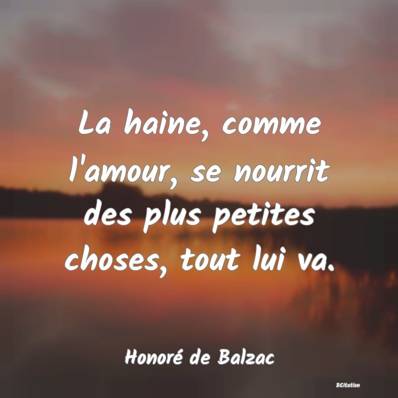 image de citation: La haine, comme l'amour, se nourrit des plus petites choses, tout lui va.